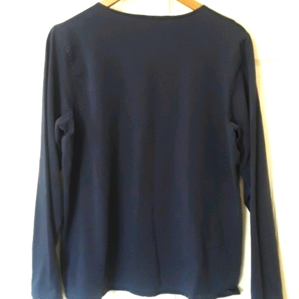 Denim  & Co Sz L Navy Long Sleeve Lace Trim Shirt - Picture 2 of 7